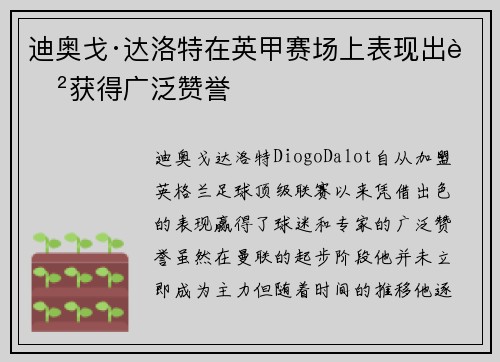 迪奥戈·达洛特在英甲赛场上表现出色获得广泛赞誉