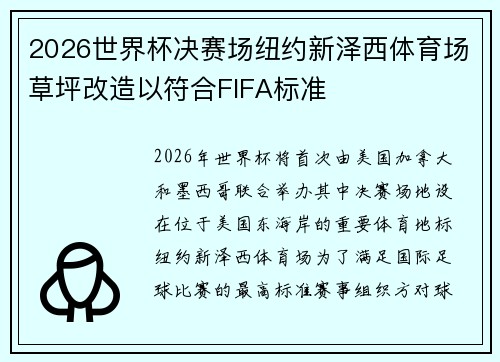 2026世界杯决赛场纽约新泽西体育场草坪改造以符合FIFA标准 2026世界杯决赛场纽约新泽西体育场草坪改造以符合FIFA标准