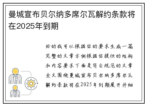 曼城宣布贝尔纳多席尔瓦解约条款将在2025年到期